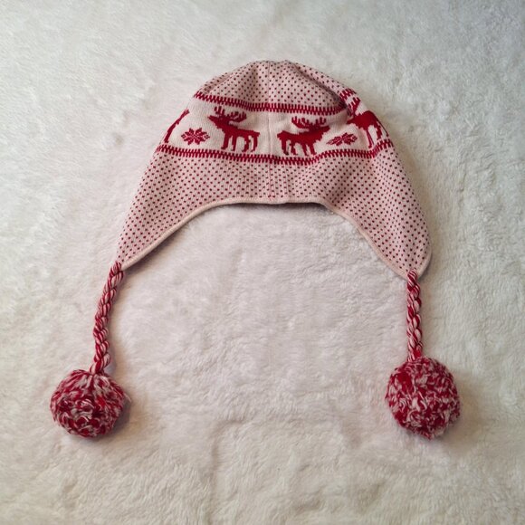 Abercrombie & Fitch Earflap Beanie Sz O/S Moose Wool Blend Pom Pom Fair Isle - Picture 9 of 15